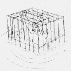 Ilustração de uma pessoa presa em uma pequena cela com água até a barriga