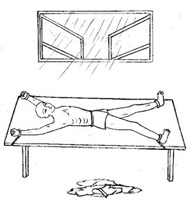 Ilustração de uma pessoa presa sobre mesa, com mãos e pés amarrados nos nos pés da mesa