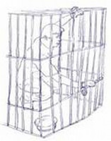 Ilustração de uma pessoa presa em uma pequena cela, na qual ela tem que ficar agachada.